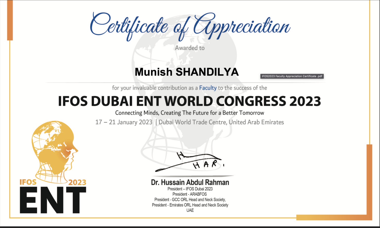 CERTIFICATE OF APPRECIATION FOR FACULTY AT IFOS, DUBAI ENT WORLD
